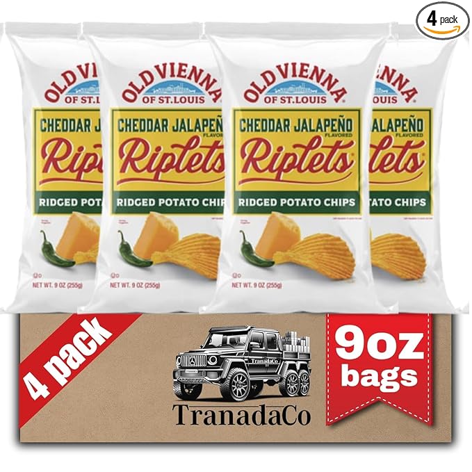 Old Vienna of St. Louis Cheddar Jalepeno Flavored Riplets Ridged Potato Chips 9oz Bags (4 Pack) by TranadaCo