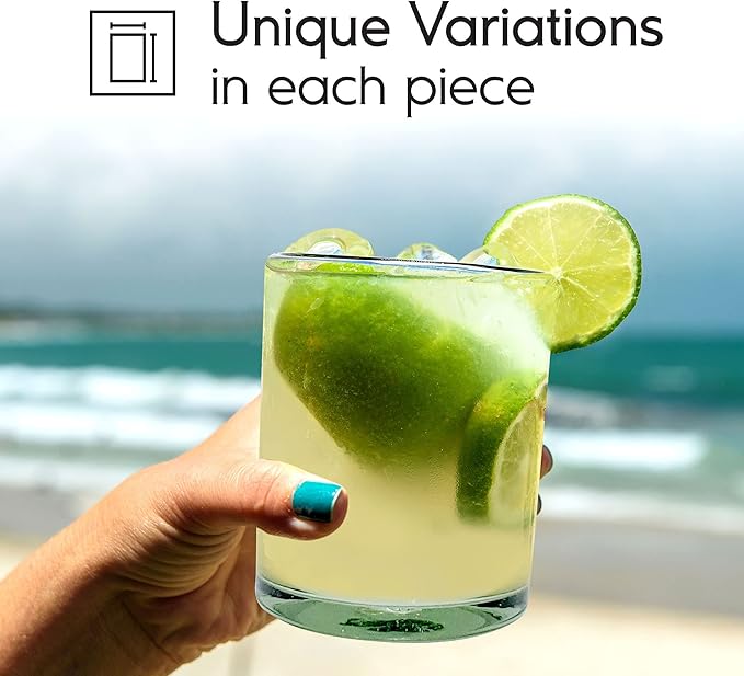 Clear 10 oz Tumblers (set of 6), Hand Blown Mexican Glassware, Recycled Glass Drinking Glasses, Lead-Free, Cocktail Margarita Glasses, Wine Glasses, Shot Glasses, Whiskey Glasses (Tumbler)