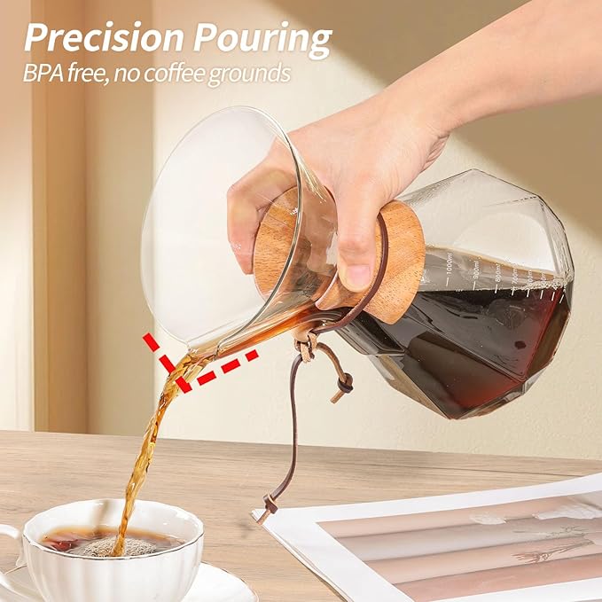 Pour Over Coffee Maker 34 OZ, 10 Cup Borosilicate Glass Drip Coffee Maker with Reusable Stainless Steel Filter and Cork Grip for Home Caf챕 1000 ML (Diamond Shape)