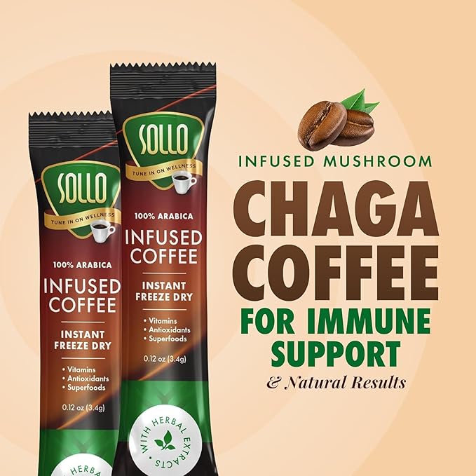 Sollo Infused Instant Chaga Mushroom Coffee Sticks (24 Servings) Memory & Clarity Support, 100% Chaga, Medium-Dark Roast, Arabica Freeze Dried Coffee in Single Serve Sticks.