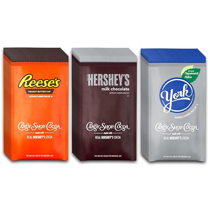Candy Shop Cocoa Mix Variety Pack, Hot Chocolate, HERSHEY'S Milk Chocolate, REESE?™S Peanut Butter Cup, YORK Peppermint Pattie, Make Hot or Iced, Made With Real Milk, 8 Packets Each (Pack of 24)