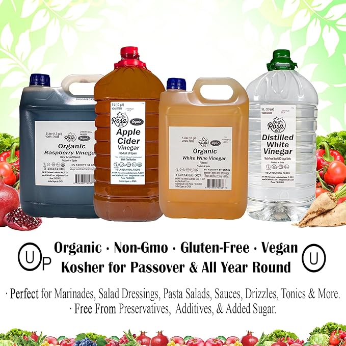 De La Rosa Organic White Wine Vinegar, Aged in Spanish Wood Barrels, Vegan, Non-GMO & Gluten Free, Kosher for Passover, Great for Salad Dressings, Marinades and More, 5 Liter (Pack of 1)