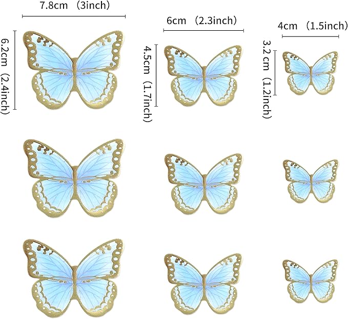 30pcs Blue Gold Edge Mixed Size Lively 3D Waterproof Butterfly Cupcake Topper for Girls Women's Happy Birthday Wedding Party Cake Wall Party Food Decorations