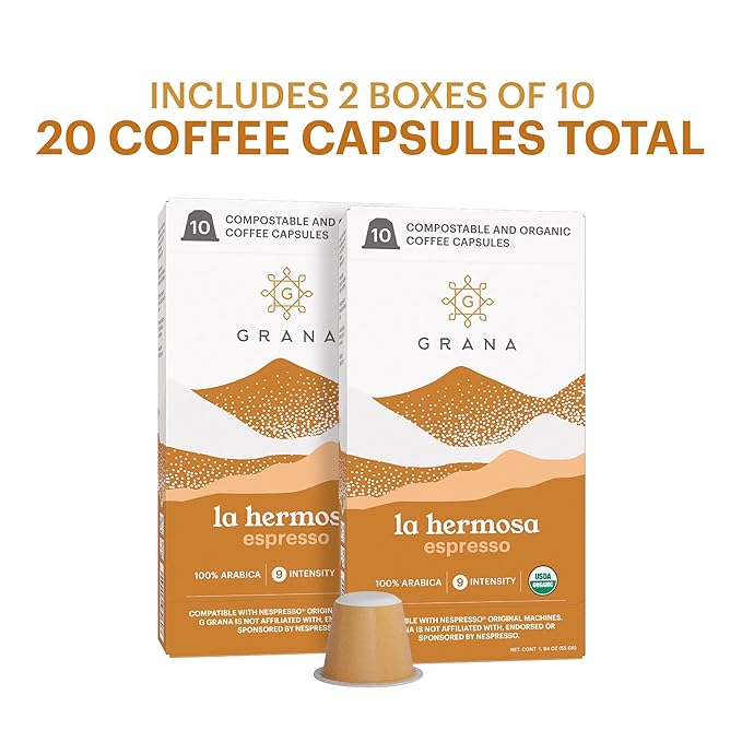 G GRANA Coffee Pods, Compatible with Nespresso OriginalLine, 20 Pack, Dark Roast, USDA Organic 100% Arabica Single Source Specialty-Coffee, Compostable Single Serve Capsules, La Hermosa