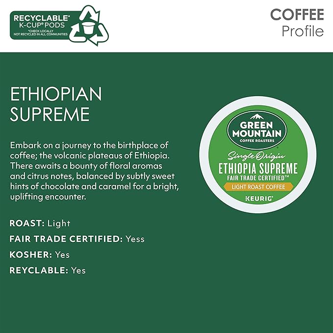 Green Mountain Coffee Ethiopia Supreme Keurig Single-Serve K Cup Pods, Light Roast Coffee, Ethiopia Supreme, 72 Count