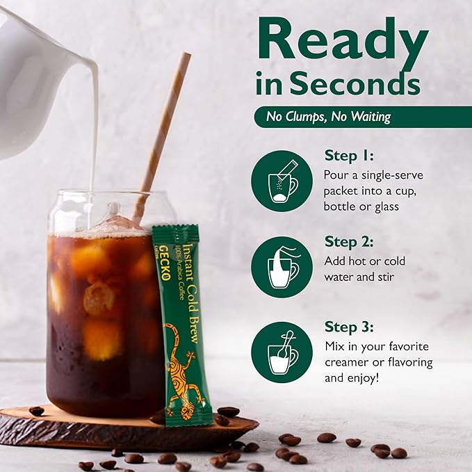 Gecko Coffee Instant Cold Brew, Craft Instant Coffee Sticks, 100% Arabica Medium-Dark Roast, Coffee Singles Packets, Smooth & Rich, Hot or Iced, Sugar-Free, Eco-Friendly, 25 Count