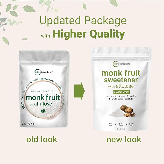 Monk Fruit Sweetener with Allulose, 2 lbs Granular | No Erythritol | No Aftertaste, 1:1 White Sugar Substitute, Keto & Vegan Friendly, Zero Calorie | Great for Drinks, Coffee, Tea, Cookies | Non-GMO