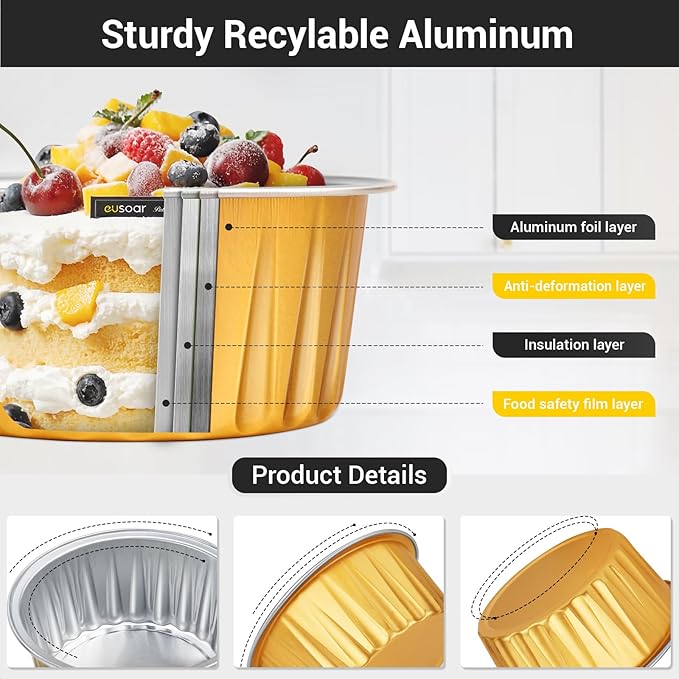 EUSOAR Disposable Ramekins Aluminum Foil, Gold 25Packs 5oz Baking Cups with Lids Mini Muffin Liners, Dessert Cheesecake Pan Creme Brulee Cupcake Containers for Catering Club Wedding Party