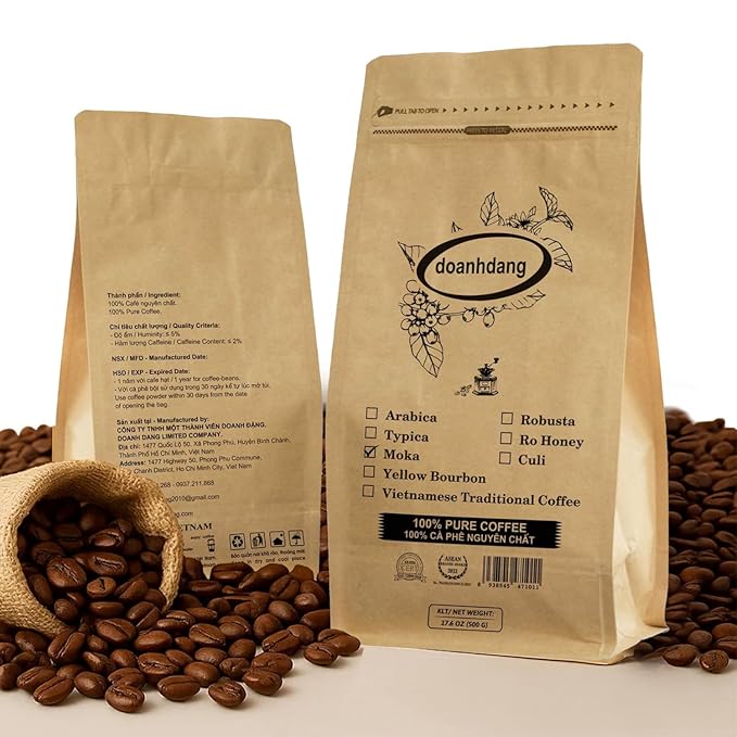 doanhdang - 17 Oz Premium Moka Whole Bean Coffee, 100% Medium Roast, Rich Flavor for Espresso Shot and Brew, Origin from Vietnam, Whole Med Roast Beans, Pack of 1, Phin Filter Included