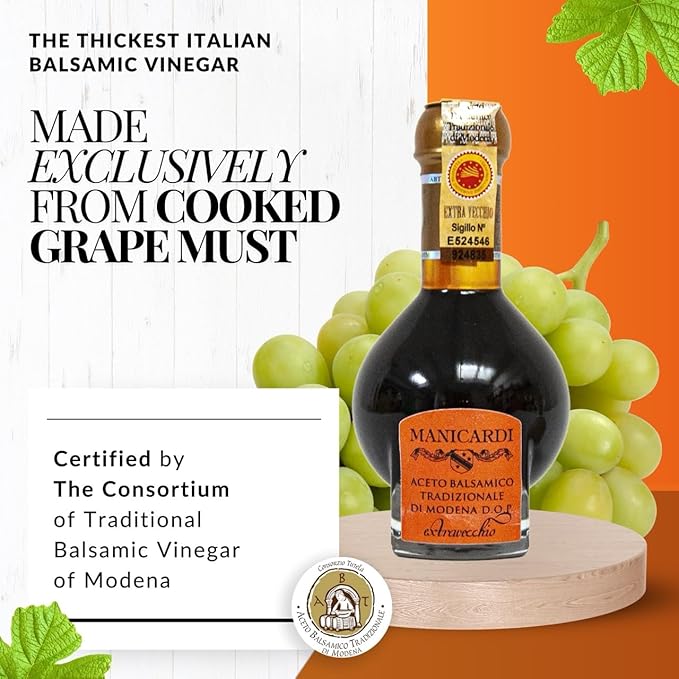 MANICARDI Extra Aged Balsamic Vinegar of Modena PDO - 25 Years - Perfect for Snacks, Pasta, Vegetables, Salad Dressings and Meat - Made in Italy - 3.38 Fl Oz (100 ml)