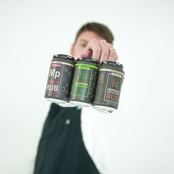 Spiceology ??Derek Wolf Beer-Infused BBQ Rub Set ??Cherry Chipotle Ale, Honey Mustard IPA, Hickory Peach Porter, Imperial Coffee Stout, Jalapeño Lime Pilsner & Mesquite Peppercorn Lager ??6 Pack