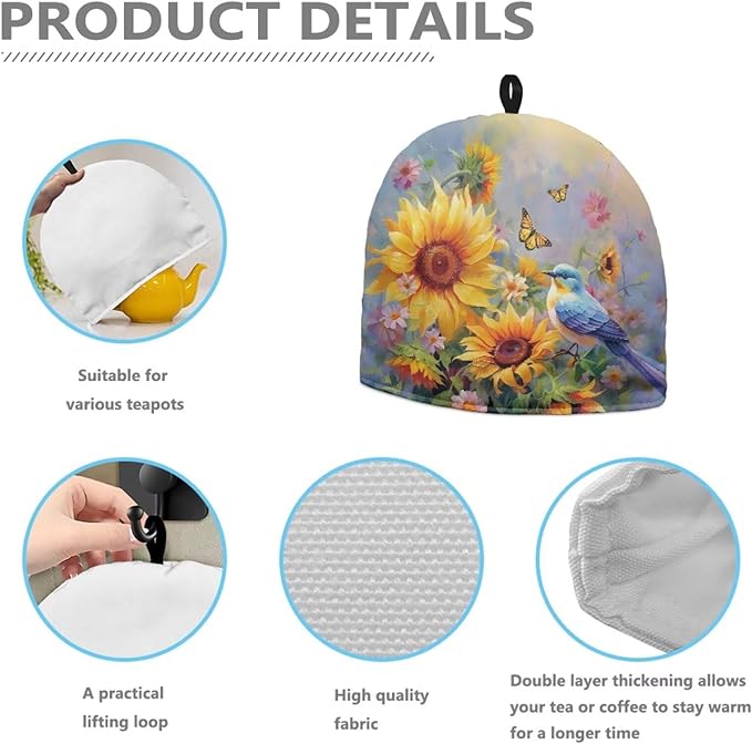 Hummingbird Sunflower Tea Cozies Soft Tea Cozy for Teapot Insulated for Women,Dust Proof Reusable Teapot Insulation Cover Breakfast Warmer