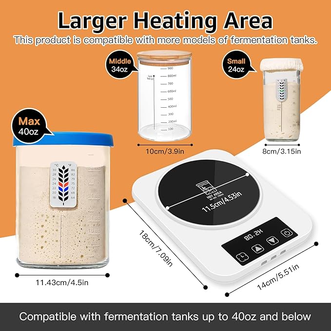 Sourdough Starter Warmer with Memory Function– 1°F Precision Temperature Control (70–100°F), Auto On/Off, 12-Hour Timer, Fits sourdough starter Jars Up to 40oz for Home Baking and Fermentation.