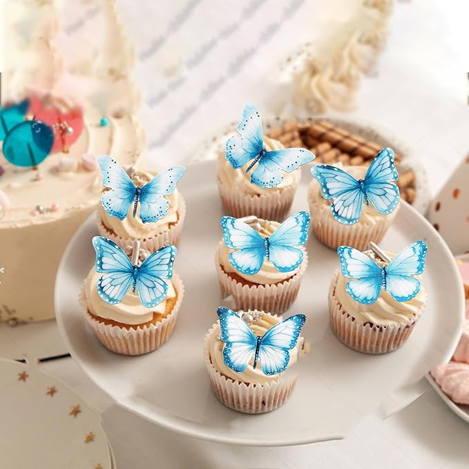 Rsstarxi 60 Pack Wafer Paper Butterflies Cupcake Toppers, Edible Butterfly Cake Decorations Butterfly Decorations for Wedding Birthday Anniversary Baby Shower Party Decorating Supplies Blue