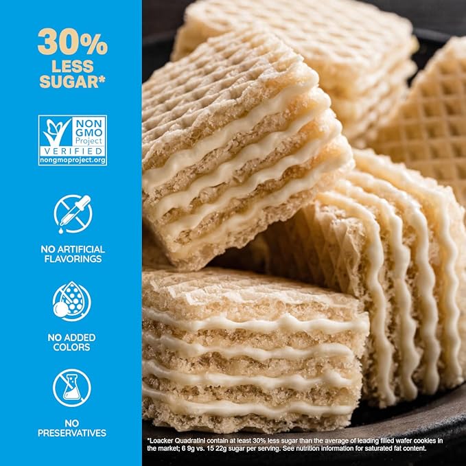 Loacker Quadratini Vanilla Wafer Cookies LARGE - 30% Less Sugar - Premium Crispy Bite Size Wafers - NON-GMO - LARGE Pack of 6