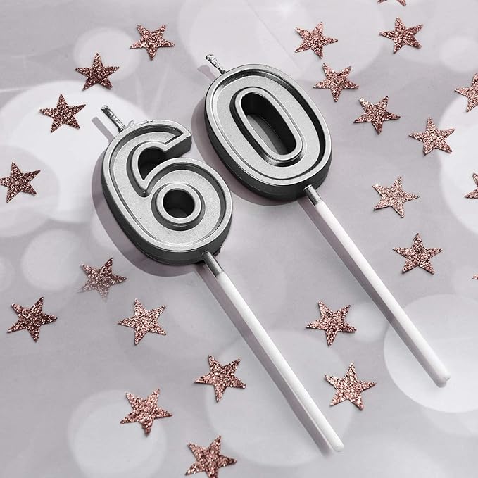 60th Birthday Cake Decorations Set Include 60th Birthday Candles Numeral 60 Cake Candles and Happy 60th Birthday Cake Toppers with Heart Star Cupcake Picks for Birthday Party (Black Series)