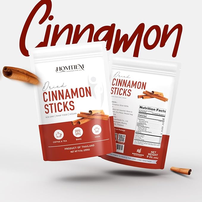 Homtiem Organic Dried Cinnamon Sticks 9 Oz (255 Gram), Non-GMO, Vegan, For Desserts or Cooking, Natural aromatic, Adds flavor