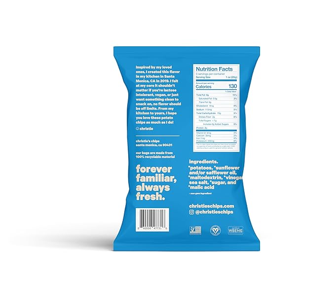 Christie's Chips Sea Salt & Vinegar - Super Natural Potato Chips - Perfectly Balanced Tart & Salty Snack - Vegan, Gluten-Free, All-Natural Gourmet for Everyday Cravings - 5 oz - 6 Pack