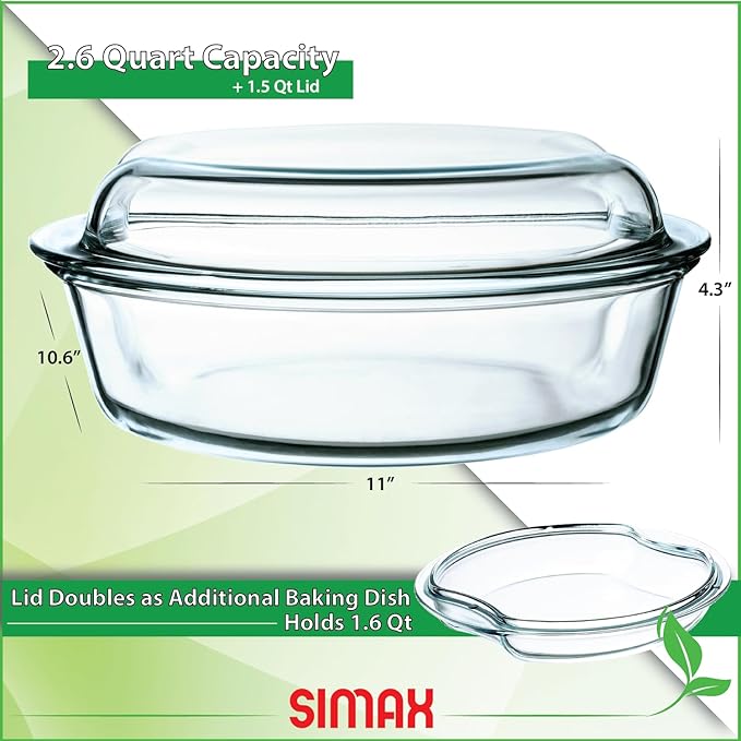 Simax Casserole Dish For Oven: Round Glass Casserole Set With Lids,1 Glass and 1 Plastic Cover ??Clear Baking Pan,Borosilicate Glassware,2.5 Quart Capacity Plus 1.5 Quart Lid