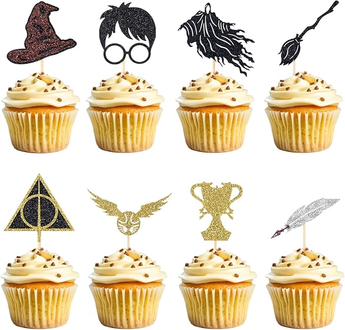 24 Pcs Black Magical Wizard Cupcake Toppers Gold Wizard Hat Flying Broomstick Cupcake Picks Magical School Theme Birthday Halloween Cake Decorations Party Supplies