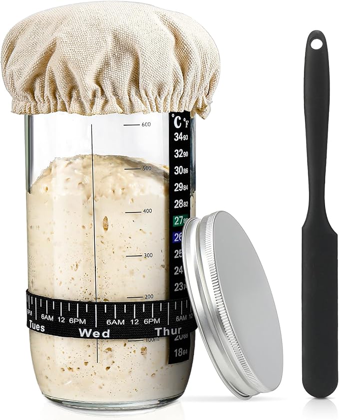 Sourdough Bread Baking Supplies,24 oz Sourdough Starter Jar Glass, Sourdough Starter Kit with Date Marked Feeding Band, Thermometer, Silicone Scraper, Sewn Cloth Cover & Aluminum Lid, Sourdough Jar