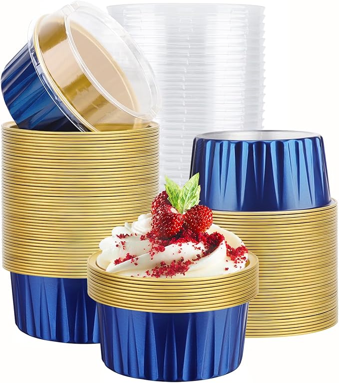 EUSOAR Aluminum Foil Baking Cups with Lids, Royal Blue 100pcs 5oz Creme Brulee Ramekins Disposable, Muffin Liners Cups,Mini Cheesecake Foil Pans Dessert Containers with Lids for Party Favor Birthday
