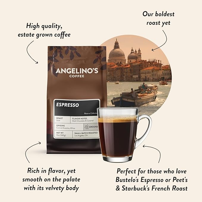 Angelino's Coffee Ground Espresso, 12oz - Dark Roast Espresso Ground Coffee with Notes of Dark Chocolate & Hint of Caramel, Small Batch Reserve, Premium Ground Espresso Blend