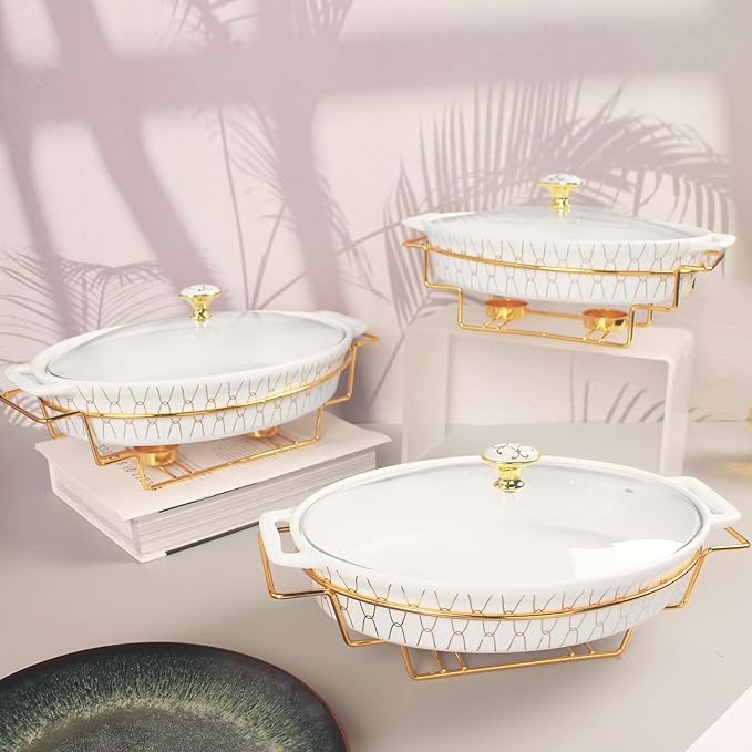 10" x 7" Ceramic Oval Casserole Dish with Glass Lid and Gold rack, 30 ounce Serving Soup Tureen,Chafing Dish for Buffet, Family Food preserve Tray, Catering Casserole for Party Style
