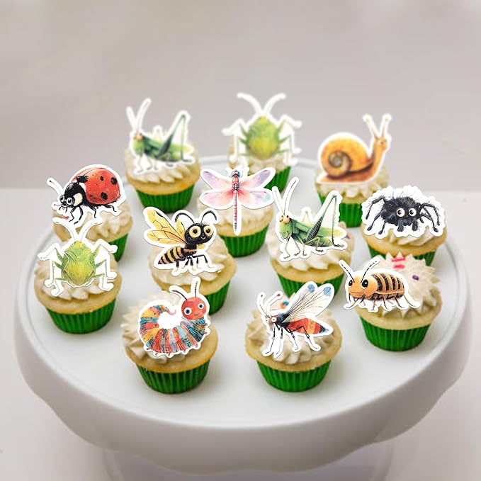 Rsstarxi 60 Pack Edible Insects Cupcake Toppers Rice Paper Dragonfly Ladybird Bee Cupcake Picks for Baby Shower Kids Birthday Party Cake Decorations Supplies