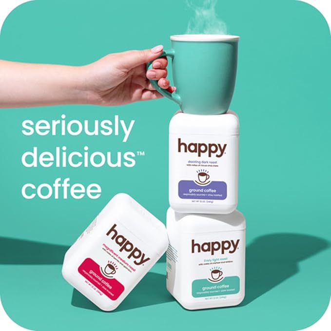 happy coffee light roast ground coffee, 12 oz., notes of cashew & elation, recyclable container, grown & harvested in Colombia, Brazil & Guatemala