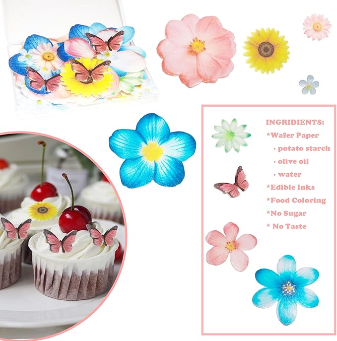 55pcs Edible Flower Butterflies Cake Toppers Cupcake Toppers Wafer Paper Cake Decorations for Themed Party Wedding Bridal Shower Birthday Decorations