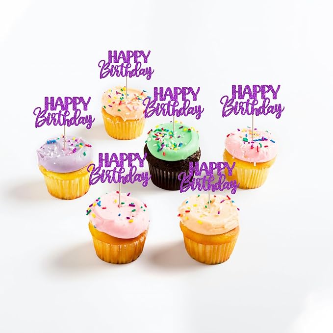 30 PCS Happy Birthday Cupcake Toppers Glitter Happy Birthday Cupcake Picks for Celebrating Anniversary Theme Party Cake Decorations Supplies Dark Purple