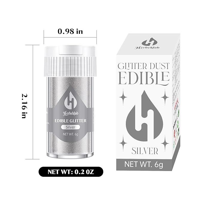 Silver Edible Glitter ??6g Luster Dust Drink Glitter, Food Grade Shimmer Powder for Cocktails, Cakes, Beverages, Chocolate & Candy