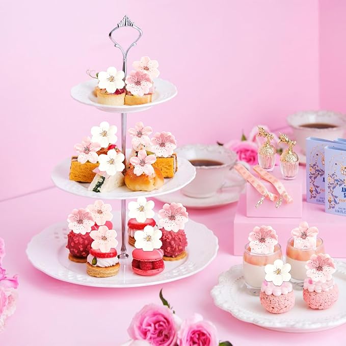 Morofme 50pcs Edible Cherry Blossom Cupcake Topper Wafer Paper Cherry Blossoms Flowers Cupcake Topper Sakura Cake Topper Edible Flower Cake Decorations for Birthday baby shower Party Supplies