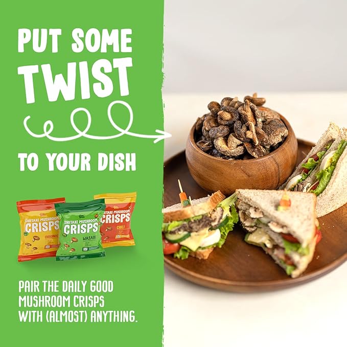 The Daily Good Shiitake Mushroom Crisps - 1-Pack Mushroom Chips, Yummy Dried Shiitake Mushrooms, Gluten-Free Mushroom Snack, Low-Temperature Vacuum Fried, Vegan Food, Mexican Chili, 0.2 lbs