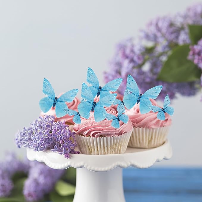72PCS Edible Butterfly Cupcake Toppers Butterfly Cupcake Picks Edible Butterfly Cupcake Decorations for Butterfly Theme Baby Shower Kids Birthday Party Cake Decorations Supplies Blue