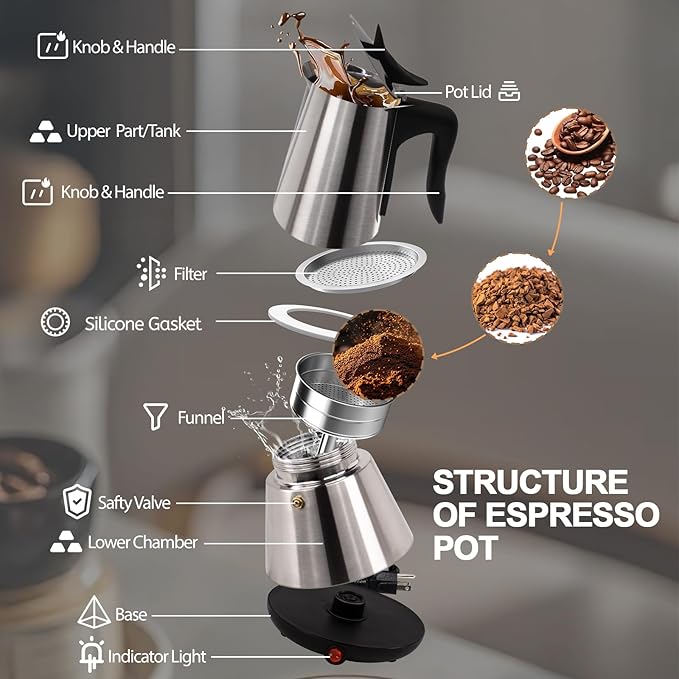 Stainless Steel Electric Moka Pot 6 Cup 300ml Express Coffee Maker Stovetop Espresso Portable Coffeemaker Italian Classic Brewing Greca Cafe Mocha with Removable Base and Overheating Protection 10oz