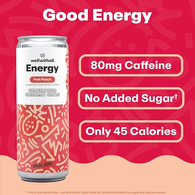 WellWithAll Fruit Punch Energy Drink ??Caffeine from Tea ??With Vitamin C ??Lightly Sparkling Beverage ??Fruit & Veggie Juice Blend ??12 Oz (Pack of 12)