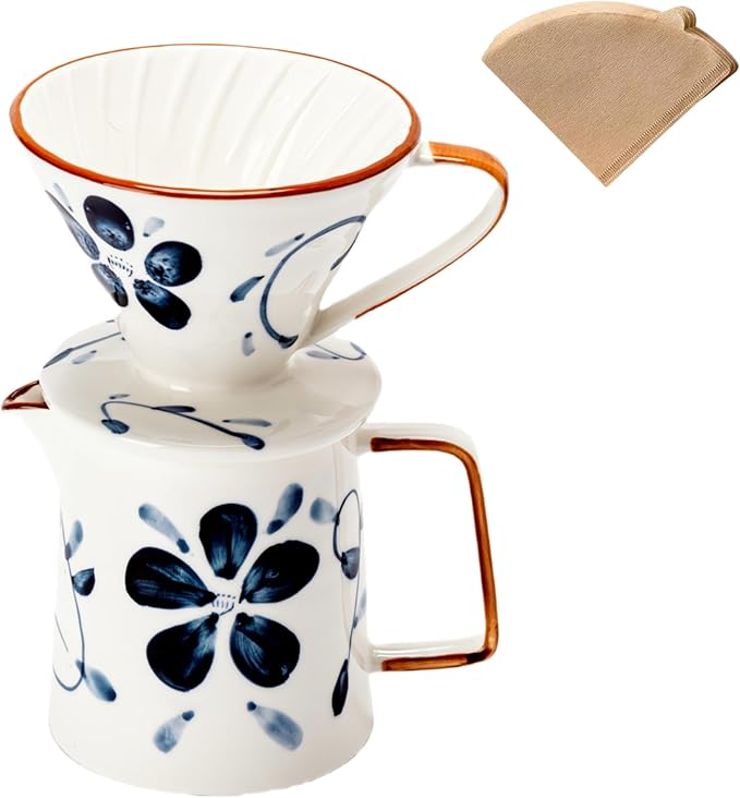 Pour Over Coffee Maker,Ceramic Coffee Maker With 40 pcs V60 Paper Filter竊?5oz/450ml Pour Over Coffee Dripper (Blue and white, V02)