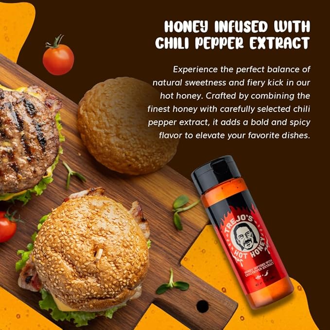 Trejo's Tacos Hot Honey | Sweet and Spicy Honey Hot Sauce | Infused with Chili Pepper Extract | Great for Topping or Dipping Sauce for Oatmeal, Ice-Cream, Fried Chicken & Bbq - Pure and Gluten Free | Authentic Creation by Trejo's Tacos - Pack of 6