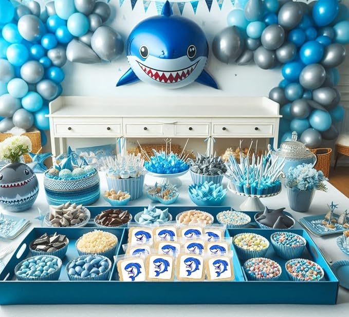 Shark Cookies Baby Theme Birthday | Individualy Wrapped Printed Cookies 24 Pack Bulk | Party Favors Under the Sea Blue