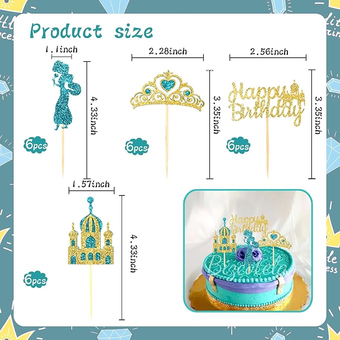 24Pcs Lake Blue Princess Cupcake Topper Glitter Castle Gold Happy Birthday Cupcake Toppers Crown Cake Decorations for Princess Birthday Baby Shower Costume Halloween Party Decor