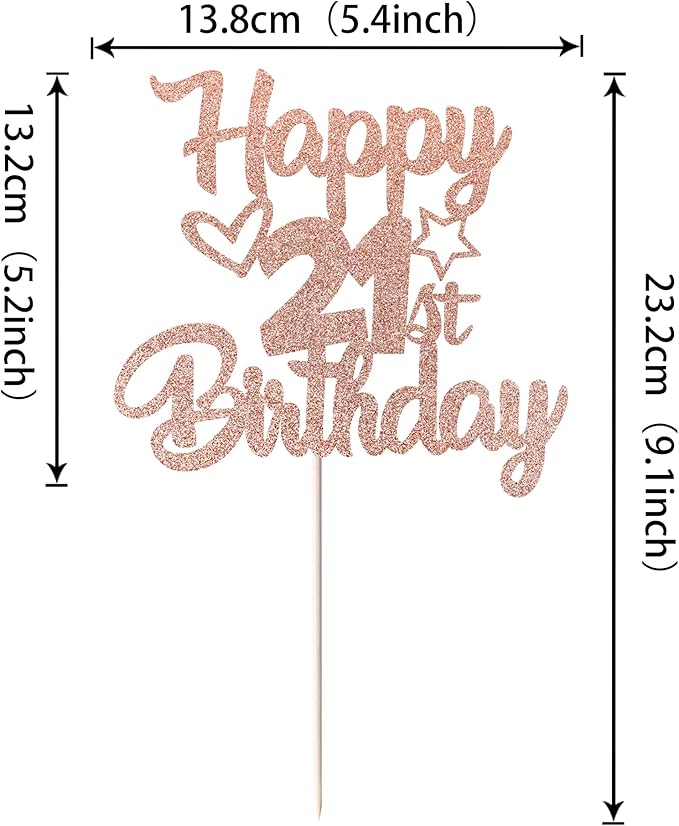 1 Pack Happy 21st Birthday Cake Topper - Glitter Heart Star 21 Fabulous Cake Pick - Rose Gold