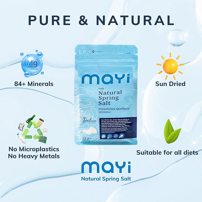 MAYİ Natural Spring Fine Ground Salt 1.2 lb - Hand-Harvested, Kosher, Microplastic-Free, Mineral-Rich for Electrolyte Drinks, Unrefined Healthy Salt for Cooking, Baking, Canning & Pickling