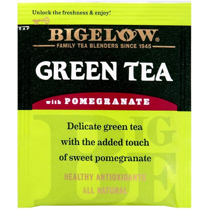 Bigelow Green Tea with Pomegranate 28-Count Box (Pack of 1) Premium Green Tea with Pomegranate Rosehips Hibiscus Antioxidant-Rich All Natural Medium-Caffeine Tea in Foil-Wrapped Bags