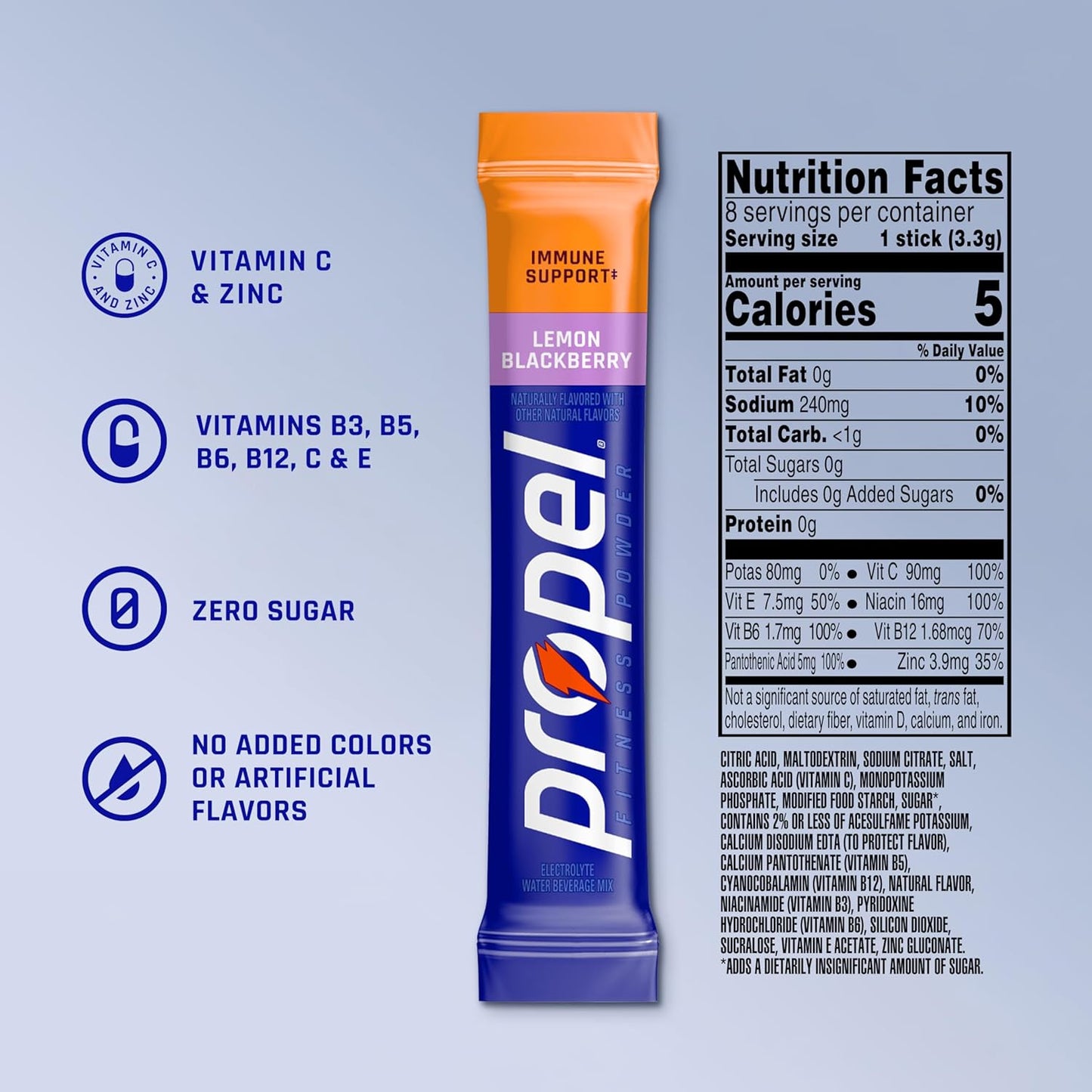 Propel Immune Support Powder Drink Mix, Lemon Blackberry, Zero Sugar Electrolyte Hydration Packets with Vitamin C & Zinc, 96 Servings