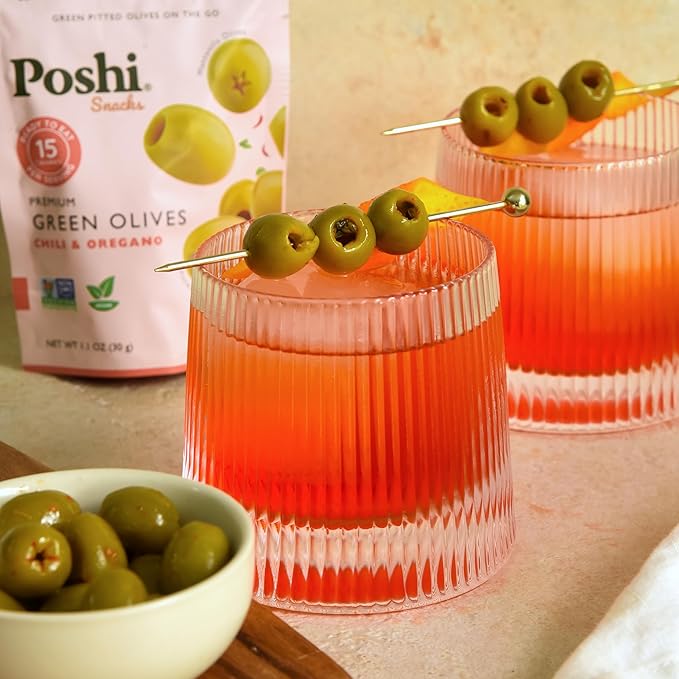 Poshi Natural Whole Pitted Olives | 24 Pack Variety | Basil & Garlic, Chili & Oregano, Chili + Garlic, Lemon & Rosemary | Vegan, Kosher, Gluten Free + Keto Friendly Healthy Snacks, 1.1 Oz (Pack of 24)