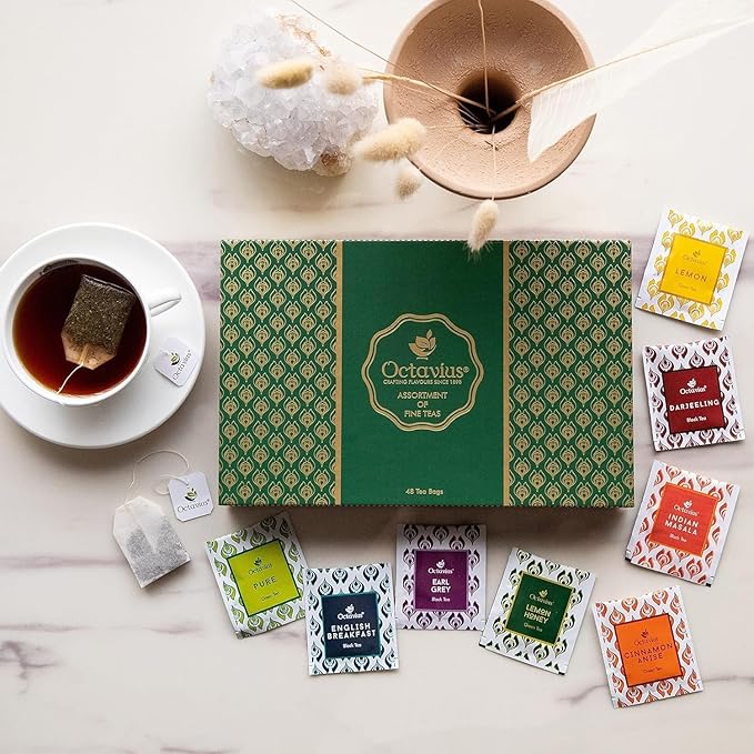 Octavius Tea Sampler Pack | 8 Assorted Black & Green Teas | 48 Teabags | Tea Sampler Variety Pack | Pack of 2