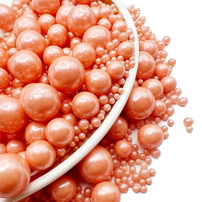 Rose Gold Edible Pearl Sprinkles for Cake Decorating 5.1 OZ Rose Gold Edible Pearls Edible Cupcake Decorations Halloween Christmas Cookie Decorations Edible Sugar Pearls for Cakes,Cupcakes Toppers Baby Shower Wedding Supplies