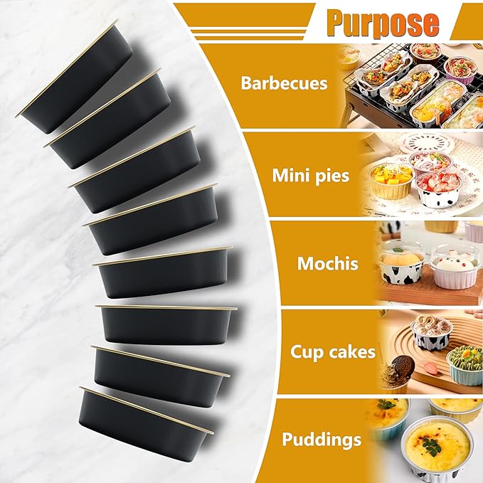 Mini Cake Pans with Clear Lids, 7.2oz 50Pcs Black Creme Brulee Cups for Muffin, Disposable Aluminum Cupcake Pans for Party, Birthday